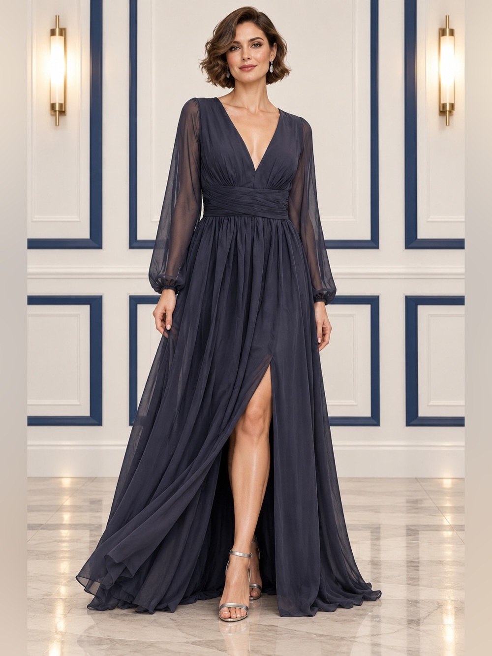 NWOT Navy Chiffon MOB Wedding Military Gala Front Slit Sheer Sleeves Dress 16W
